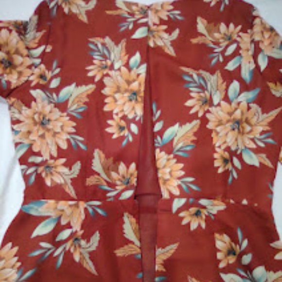 FOREVER 21 RUST WITH TAN AND YELLOW FLORAL PRINT LONG SLEEVE MIDLENGTH DRESS S - Picture 3 of 12